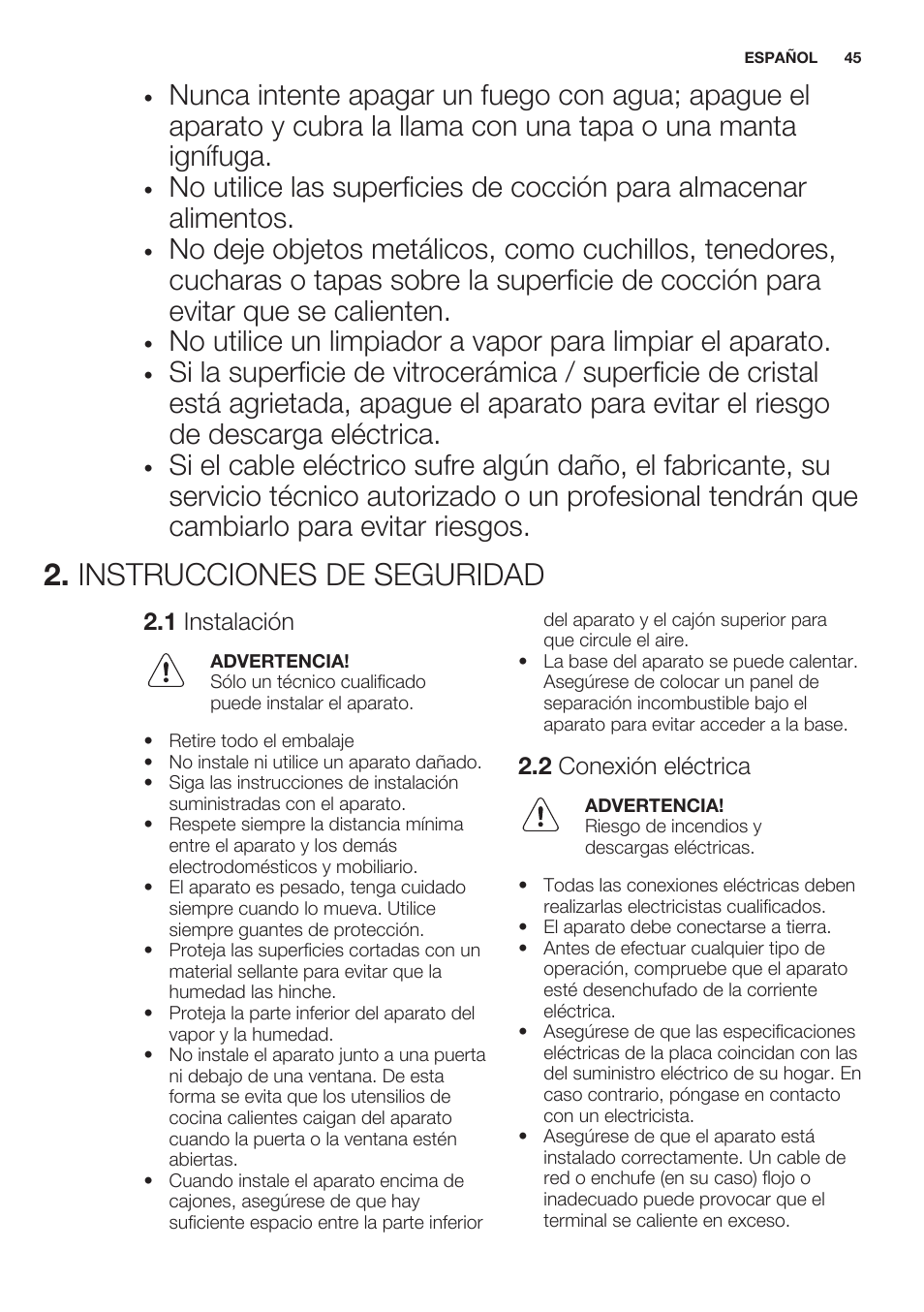 Instrucciones de seguridad, 1 instalación, 2 conexión eléctrica | Electrolux EHF6343FOK User Manual | Page 45 / 60