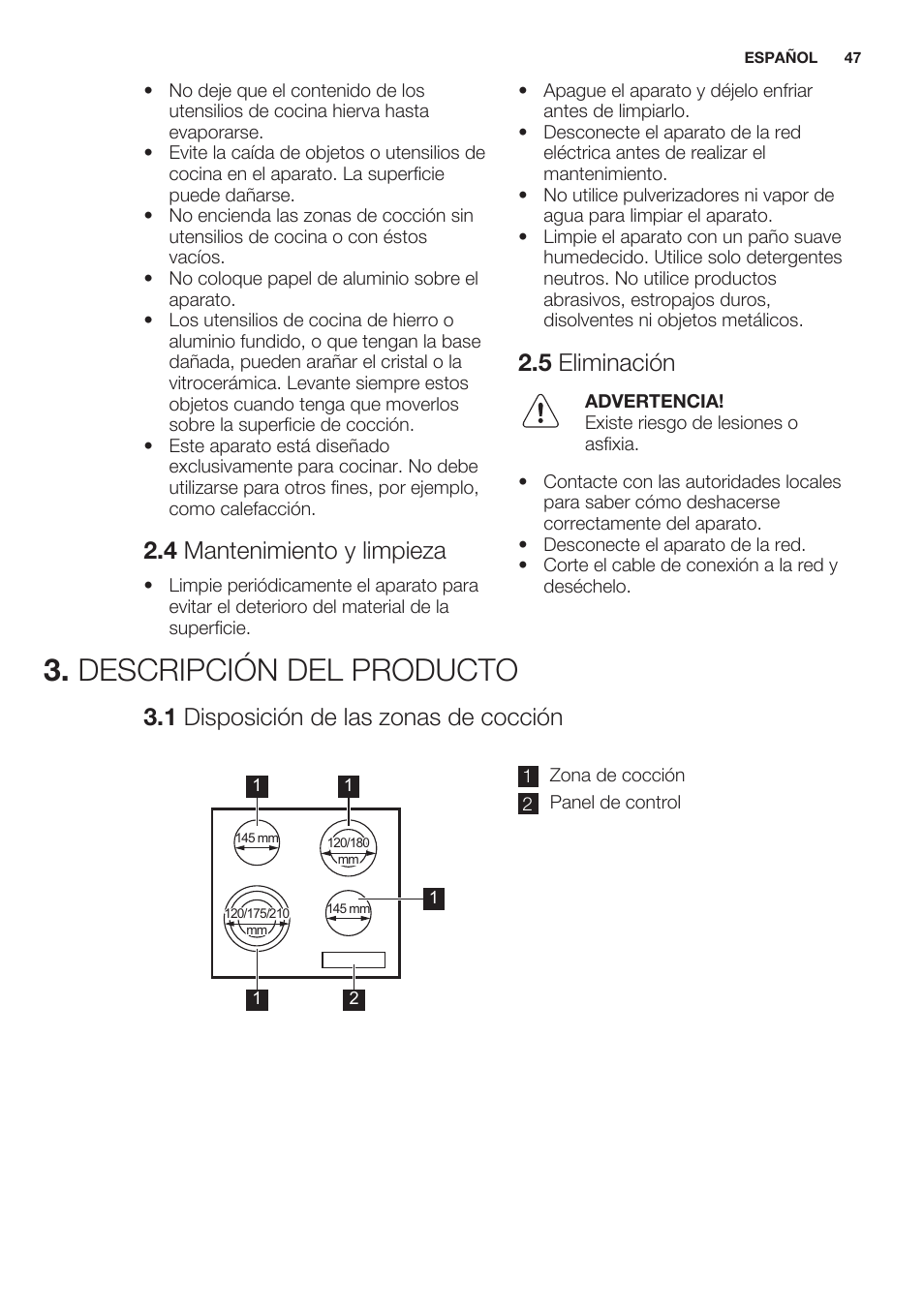 4 mantenimiento y limpieza, 5 eliminación, Descripción del producto | 1 disposición de las zonas de cocción | Electrolux EHF6343FOK User Manual | Page 47 / 60