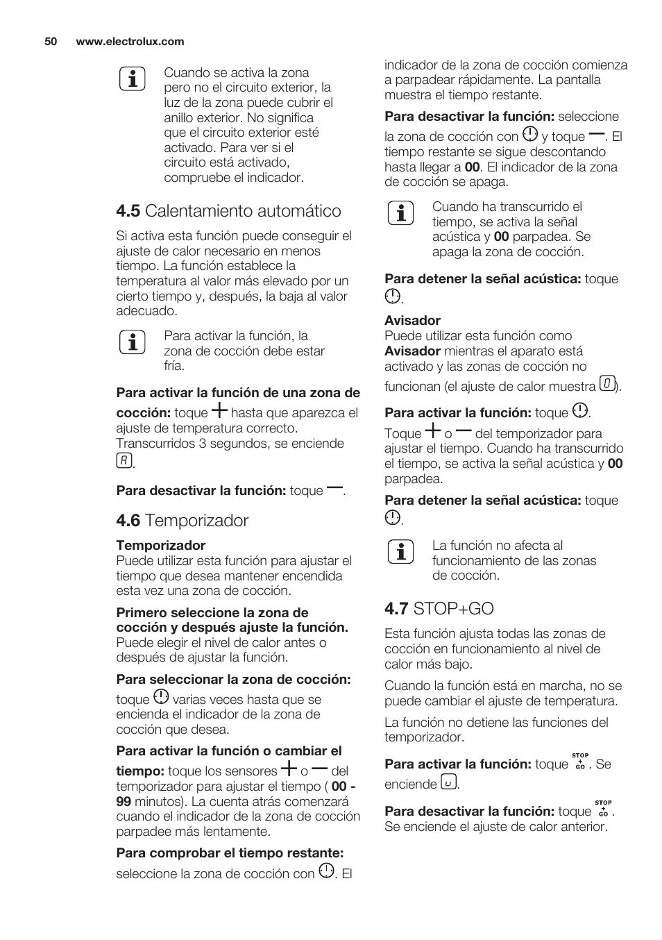 5 calentamiento automático, 6 temporizador, 7 stop+go | Electrolux EHF6343FOK User Manual | Page 50 / 60