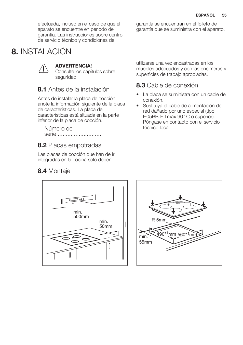 Instalación, 1 antes de la instalación, 2 placas empotradas | 3 cable de conexión, 4 montaje | Electrolux EHF6343FOK User Manual | Page 55 / 60