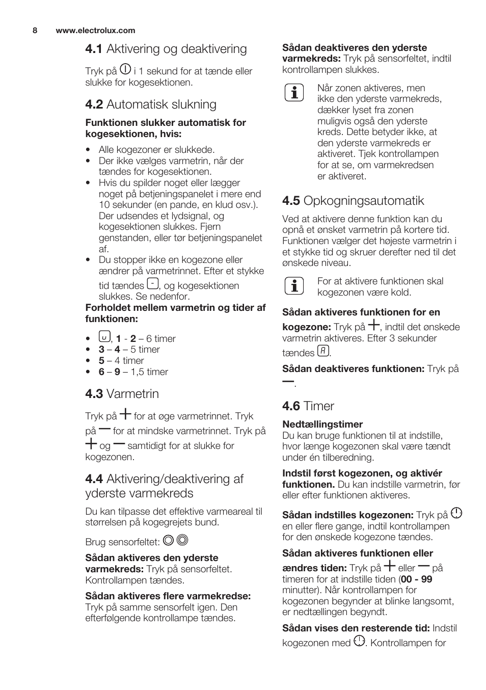 1 aktivering og deaktivering, 2 automatisk slukning, 3 varmetrin | 4 aktivering/deaktivering af yderste varmekreds, 5 opkogningsautomatik, 6 timer | Electrolux EHF6343FOK User Manual | Page 8 / 60