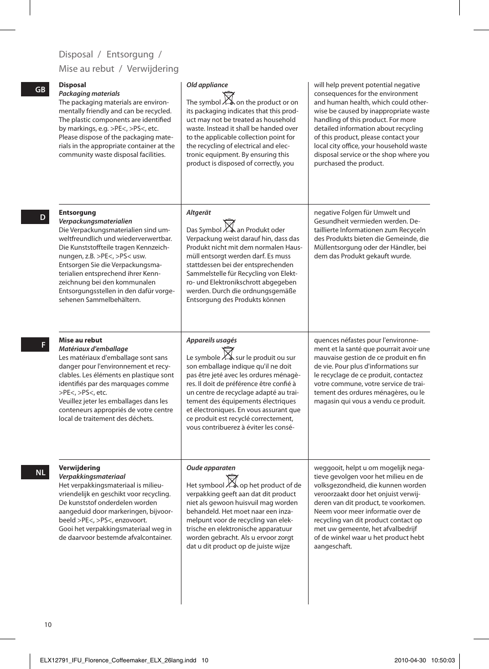 Disposal, Entsorgung, Mise au rebut | Verwijdering | Electrolux EKF5110 User Manual | Page 10 / 60