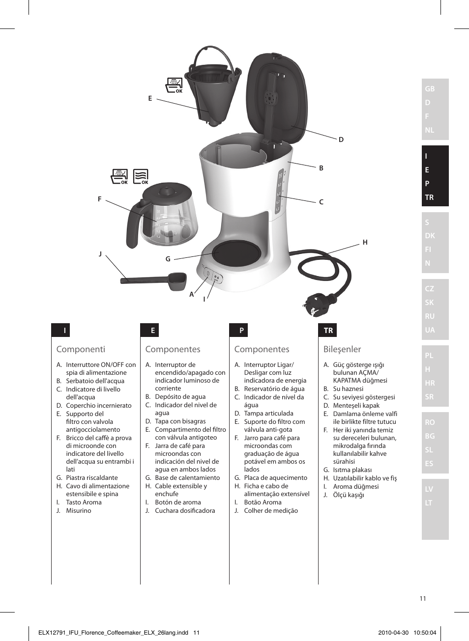 Componenti componentes componentes bileşenler | Electrolux EKF5110 User Manual | Page 11 / 60