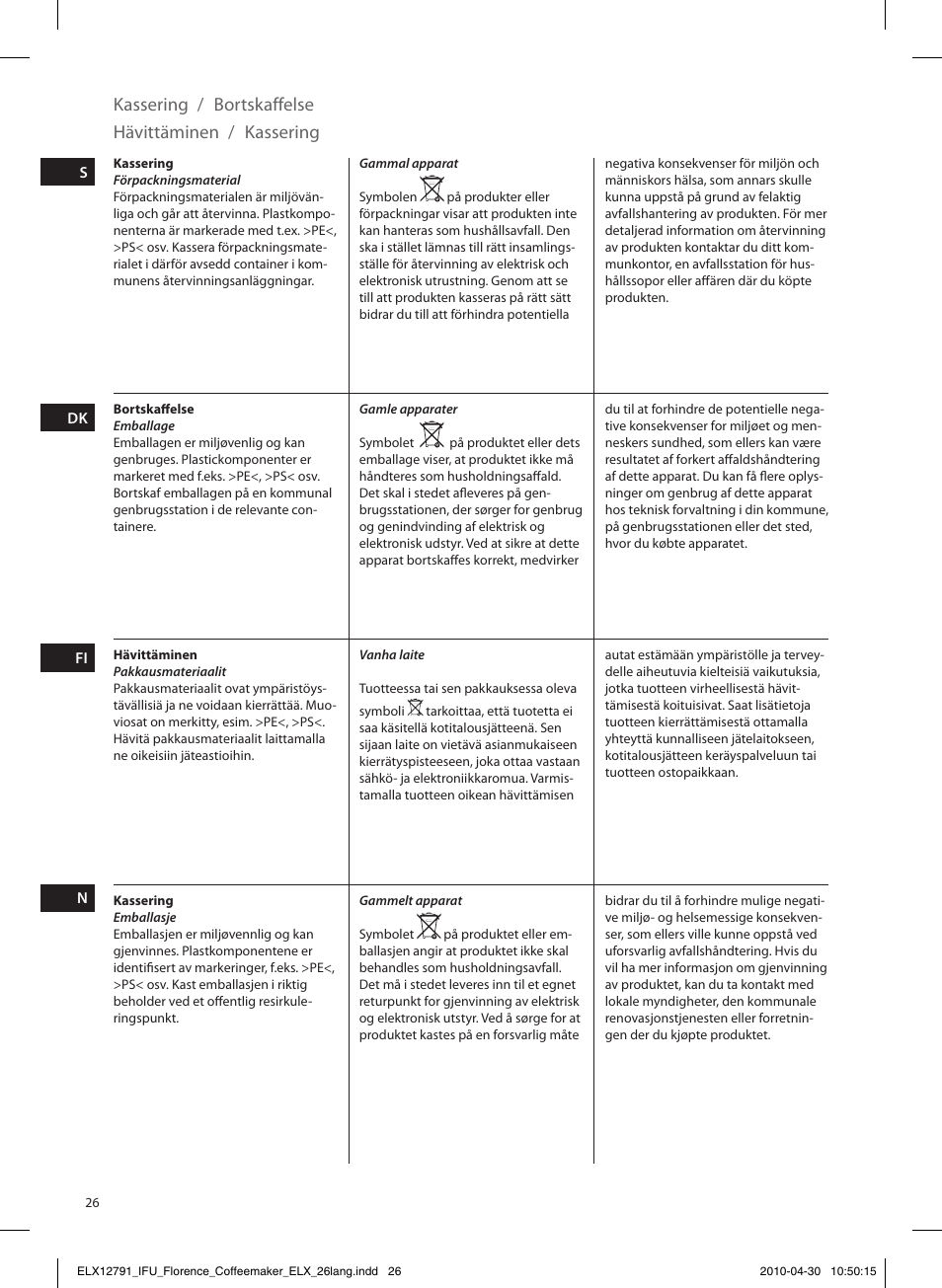 Kassering, Bortskaffelse, Hävittäminen | Electrolux EKF5110 User Manual | Page 26 / 60