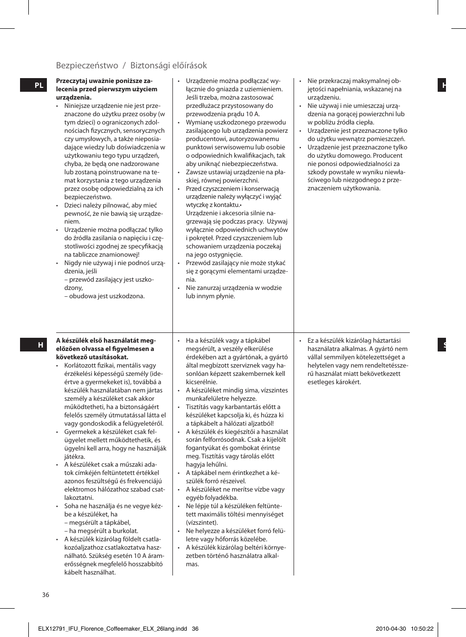 Bezpieczeństwo / biztonsági előírások | Electrolux EKF5110 User Manual | Page 36 / 60