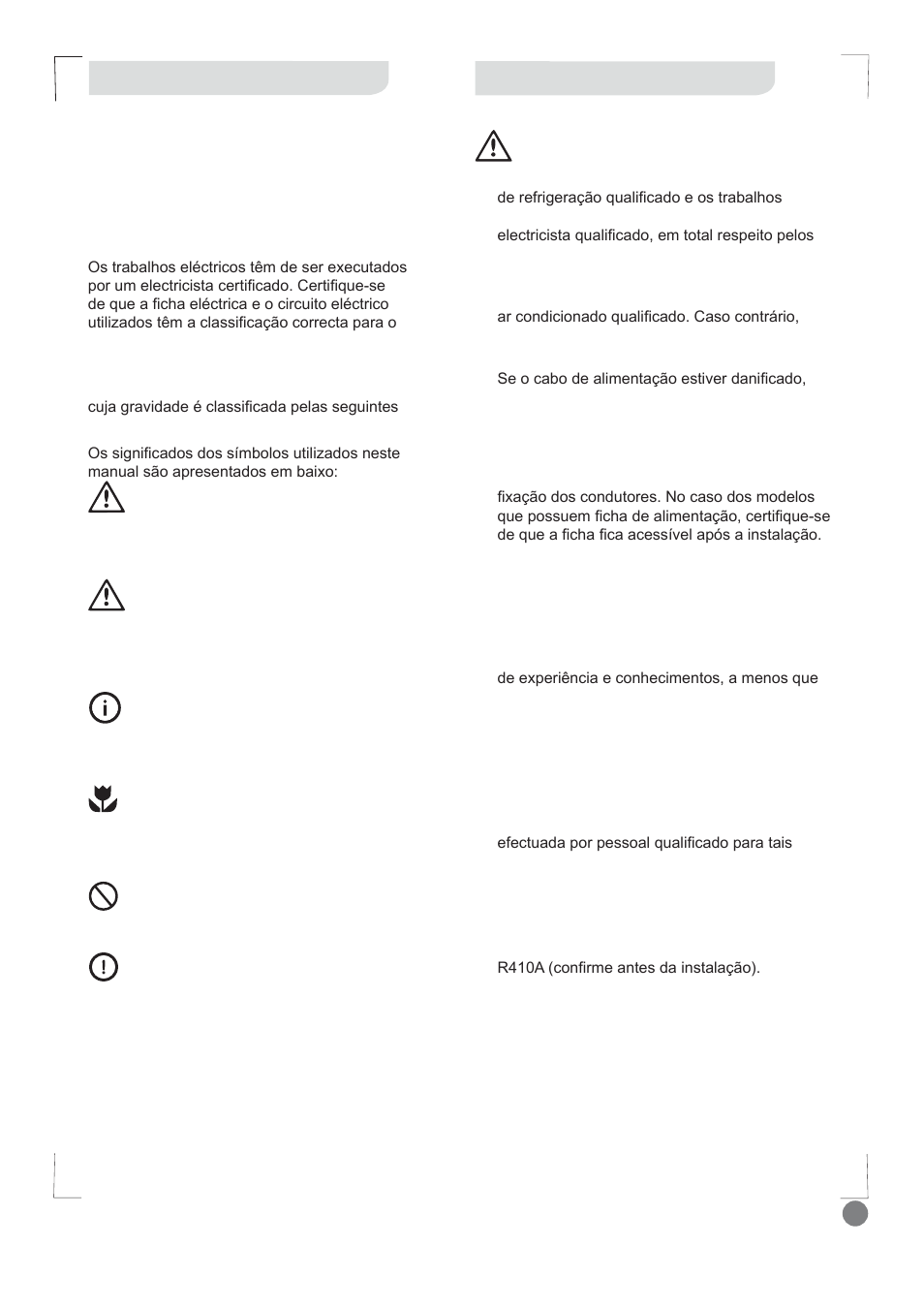 Comfort cool installation manual - l1_113, Aviso para a instalação, Precauções de segurança | Electrolux EXI09HD1WI User Manual | Page 113 / 136