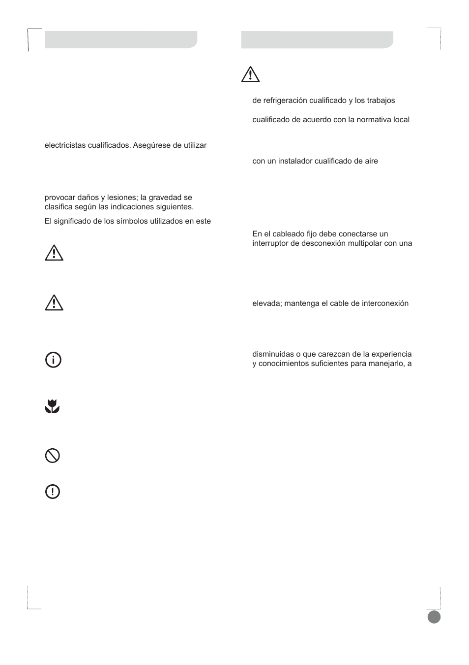 Comfort cool installation manual - l1_ 91, Aviso para la instalación, Precauciones de seguridad | Electrolux EXI09HD1WI User Manual | Page 91 / 136