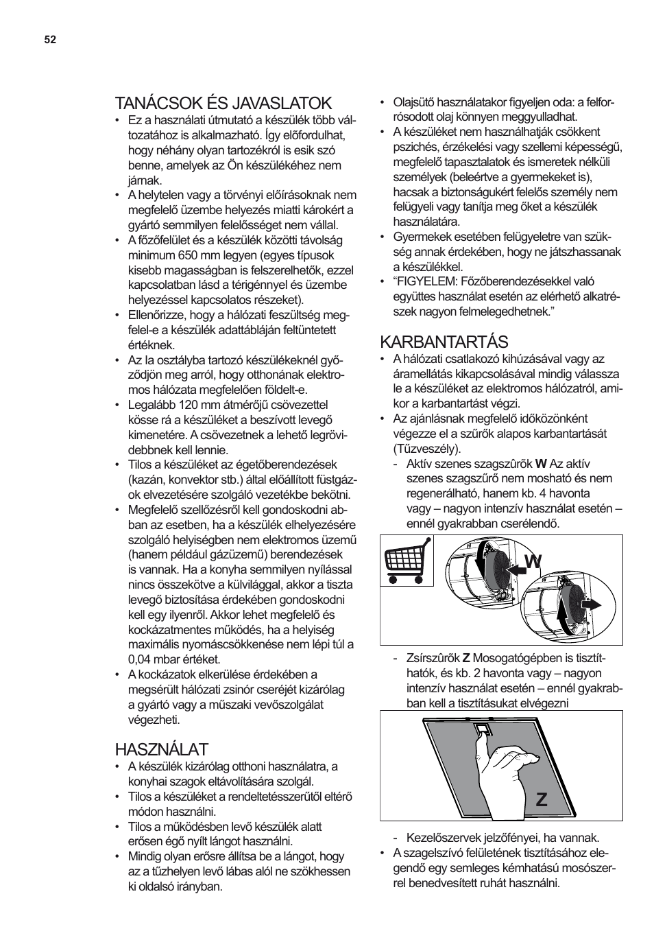 Tanácsok és javaslatok, Használat, Karbantartás | Electrolux EFF80680BX User Manual | Page 52 / 56