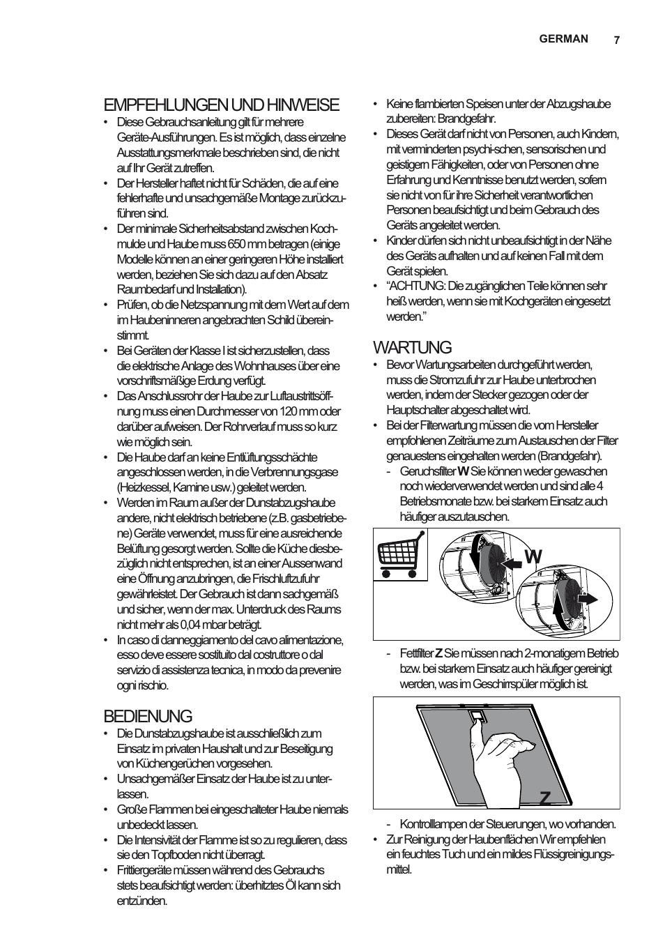 Empfehlungen und hinweise, Bedienung, Wartung | Electrolux EFF80680BX User Manual | Page 7 / 56