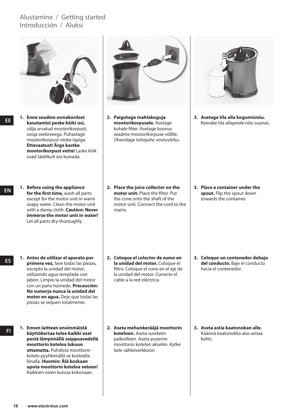 Aluksi, Introducción, Getting started | Alustamine | Electrolux EJP5000 User Manual | Page 18 / 72