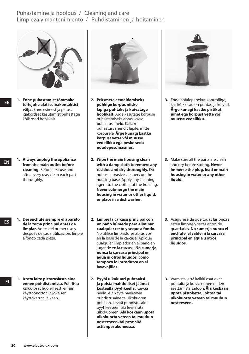 Puhdistaminen ja hoitaminen, Limpieza y mantenimiento, Cleaning and care | Puhastamine ja hooldus | Electrolux EJP5000 User Manual | Page 20 / 72