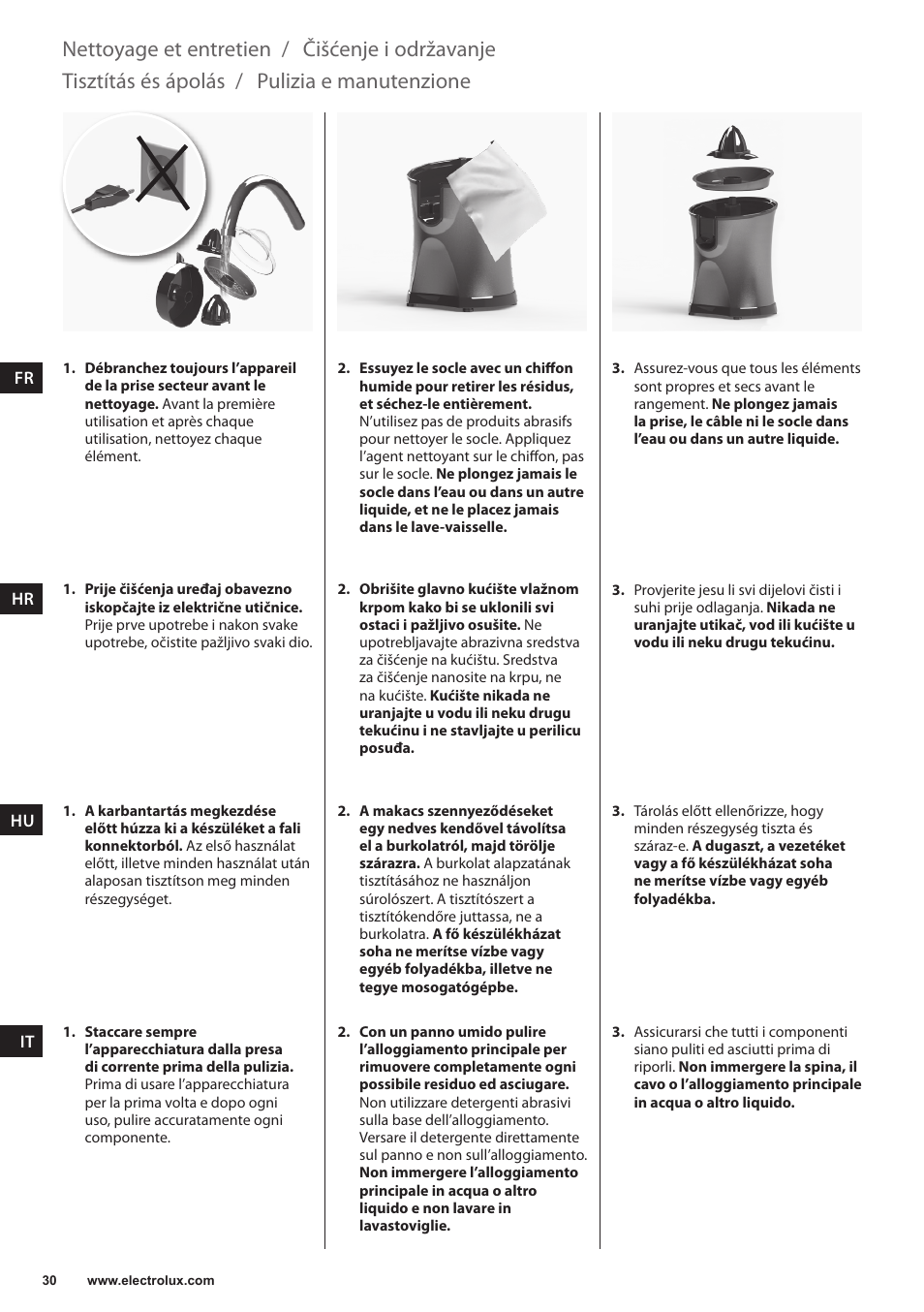 Pulizia e manutenzione, Tisztítás és ápolás, Čišćenje i održavanje | Nettoyage et entretien | Electrolux EJP5000 User Manual | Page 30 / 72