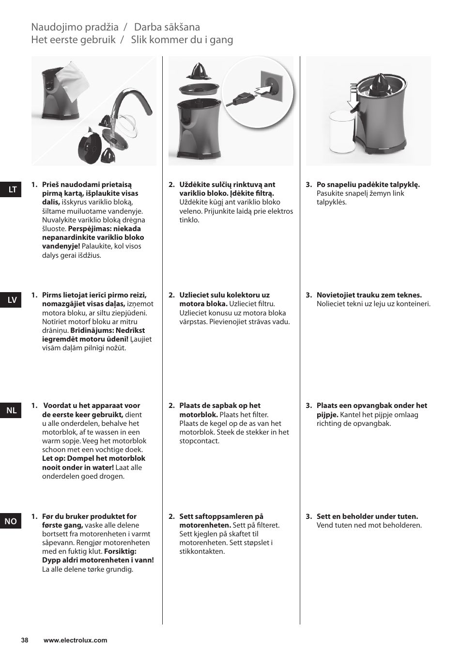 Slik kommer du i gang, Het eerste gebruik, Darba sākšana | Naudojimo pradžia | Electrolux EJP5000 User Manual | Page 38 / 72