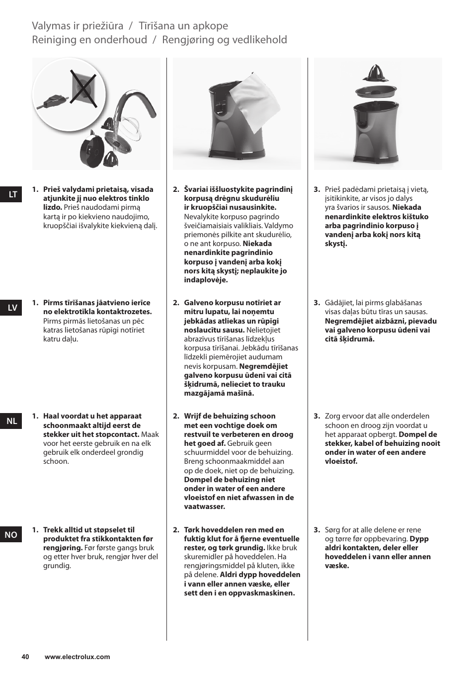 Rengjøring og vedlikehold, Reiniging en onderhoud, Tīrīšana un apkope | Valymas ir priežiūra | Electrolux EJP5000 User Manual | Page 40 / 72
