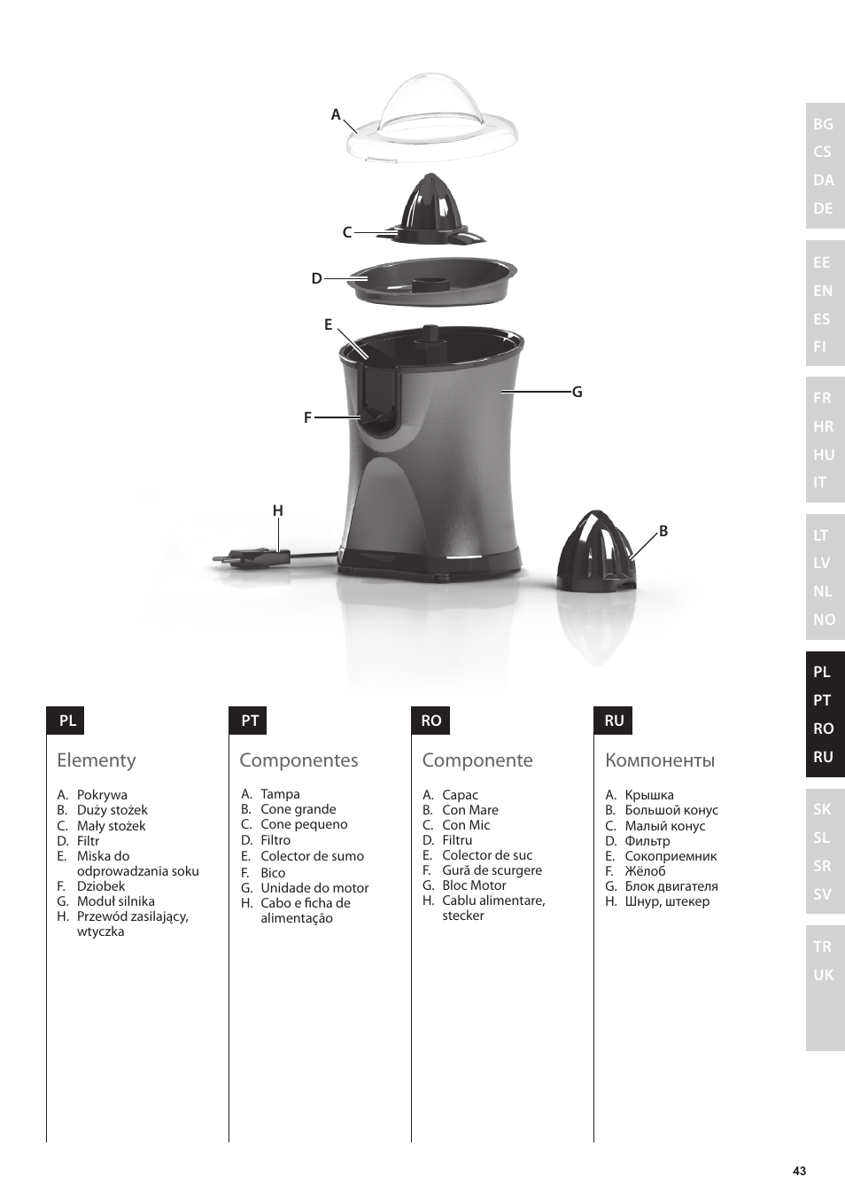 Компоненты, Componente, Componentes | Elementy | Electrolux EJP5000 User Manual | Page 43 / 72
