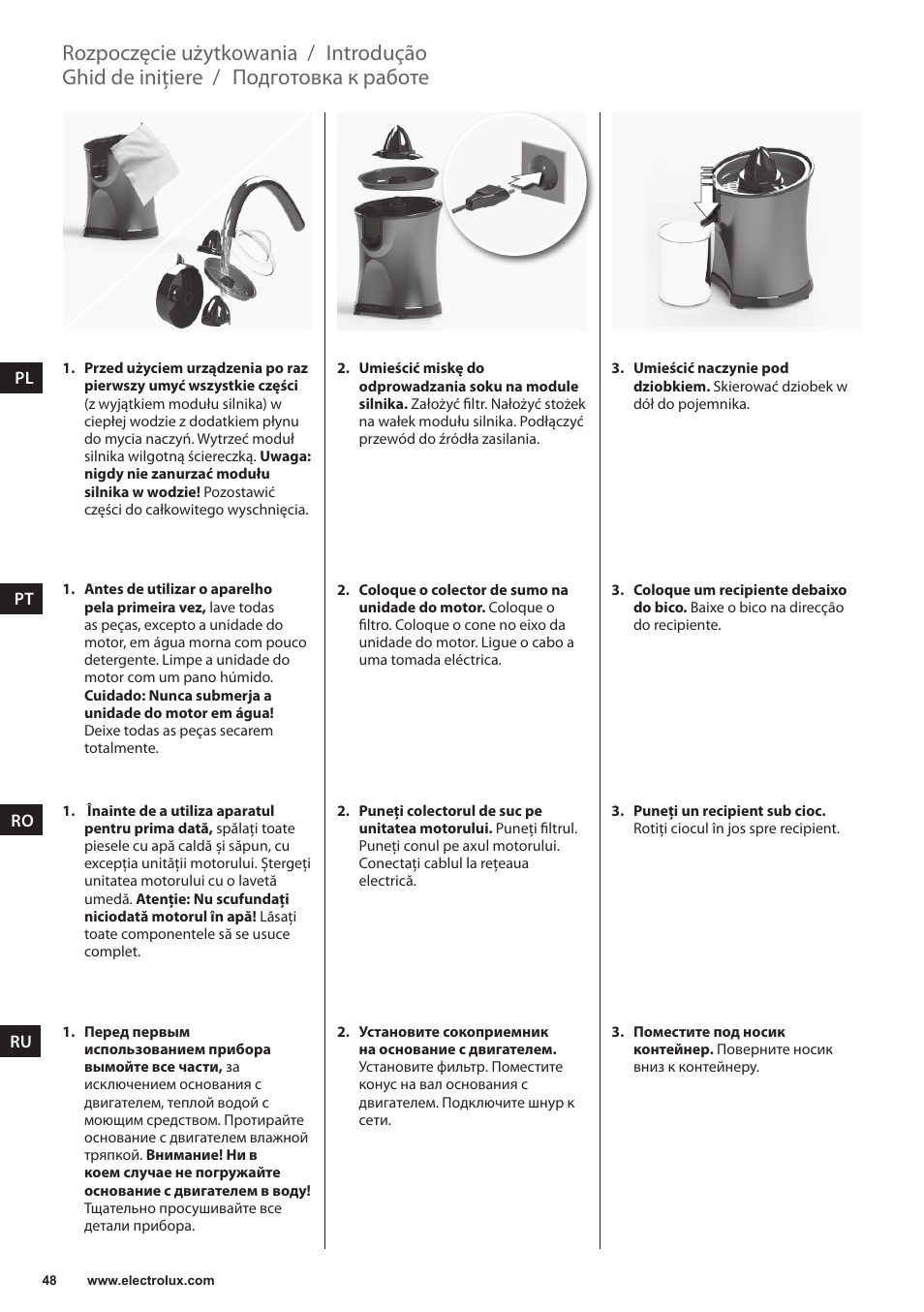 Подготовка к работе, Ghid de iniţiere, Introdução | Rozpoczęcie użytkowania | Electrolux EJP5000 User Manual | Page 48 / 72