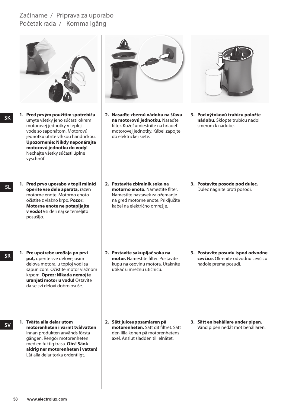 Komma igång, Početak rada, Priprava za uporabo | Začíname | Electrolux EJP5000 User Manual | Page 58 / 72