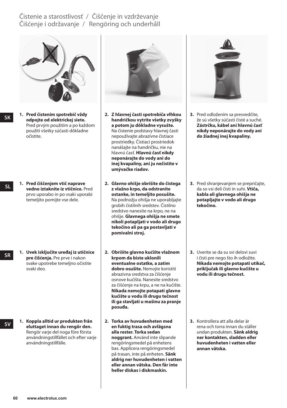 Rengöring och underhåll, Čišćenje i održavanje, Čiščenje in vzdrževanje | Čistenie a starostlivosť | Electrolux EJP5000 User Manual | Page 60 / 72