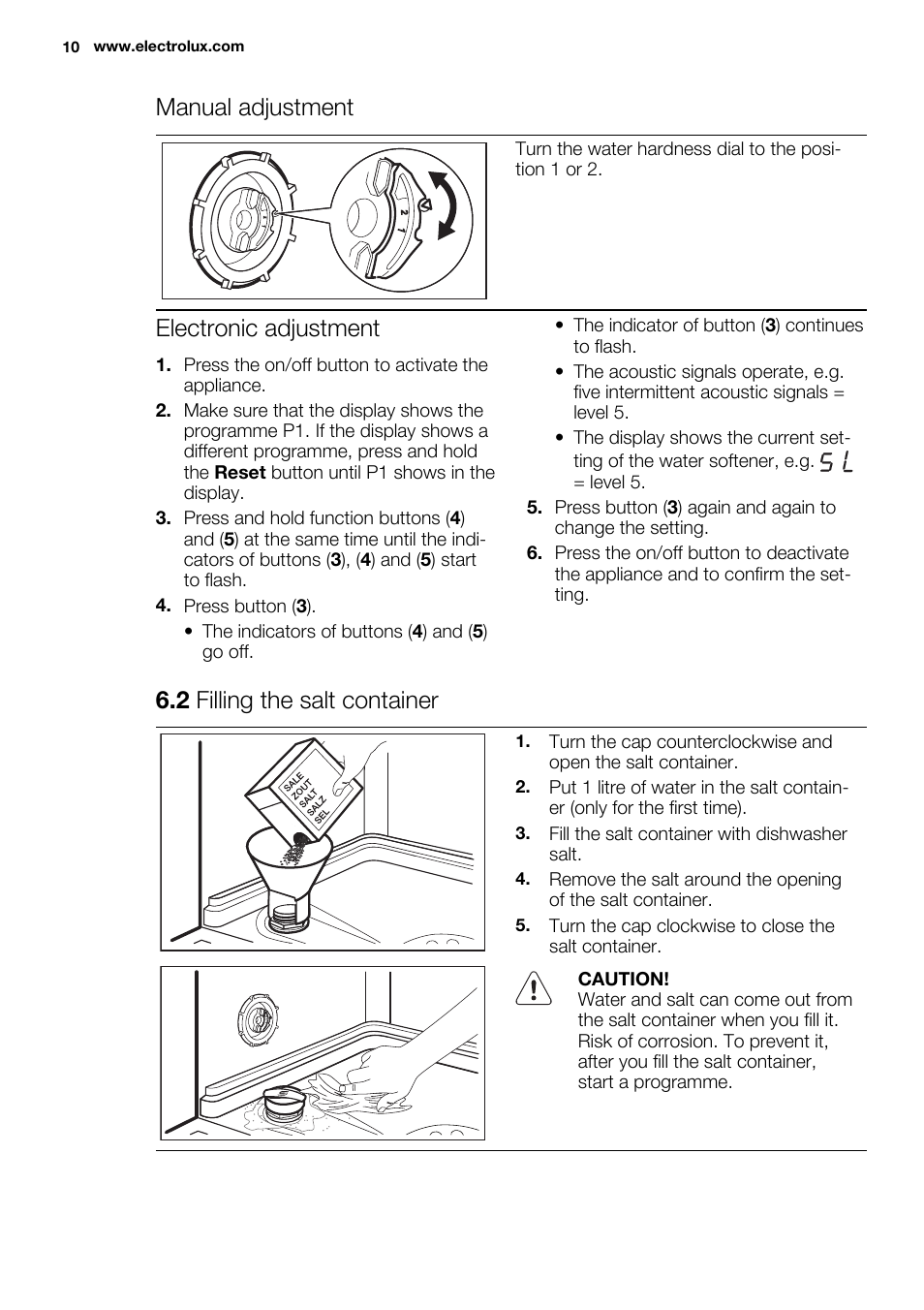 Manual adjustment, Electronic adjustment, 2 filling the salt container | Electrolux ESL6380RO User Manual | Page 10 / 68