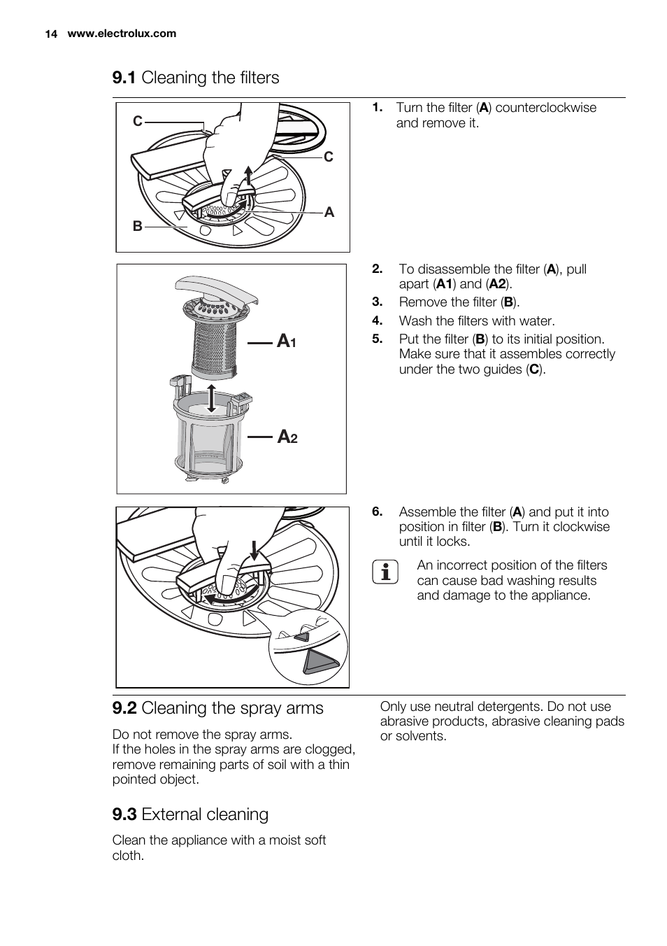 1 cleaning the filters, 2 cleaning the spray arms, 3 external cleaning | Electrolux ESL6380RO User Manual | Page 14 / 68