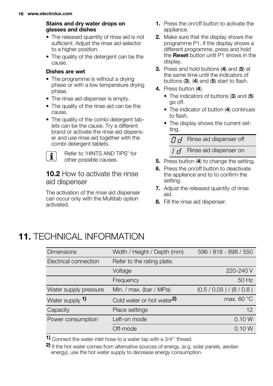 Technical information, 2 how to activate the rinse aid dispenser | Electrolux ESL6380RO User Manual | Page 16 / 68
