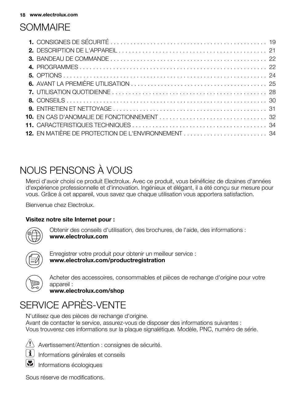 Sommaire, Nous pensons à vous, Service après-vente | Electrolux ESL6380RO User Manual | Page 18 / 68