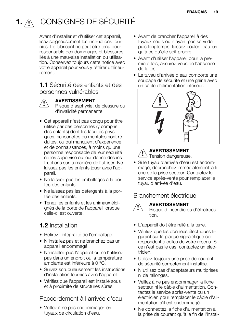Consignes de sécurité, 2 installation, Raccordement à l'arrivée d'eau | Branchement électrique | Electrolux ESL6380RO User Manual | Page 19 / 68