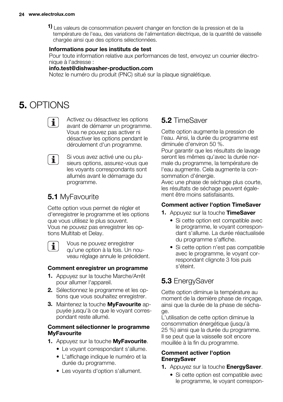 Options, 1 myfavourite, 2 timesaver | 3 energysaver | Electrolux ESL6380RO User Manual | Page 24 / 68
