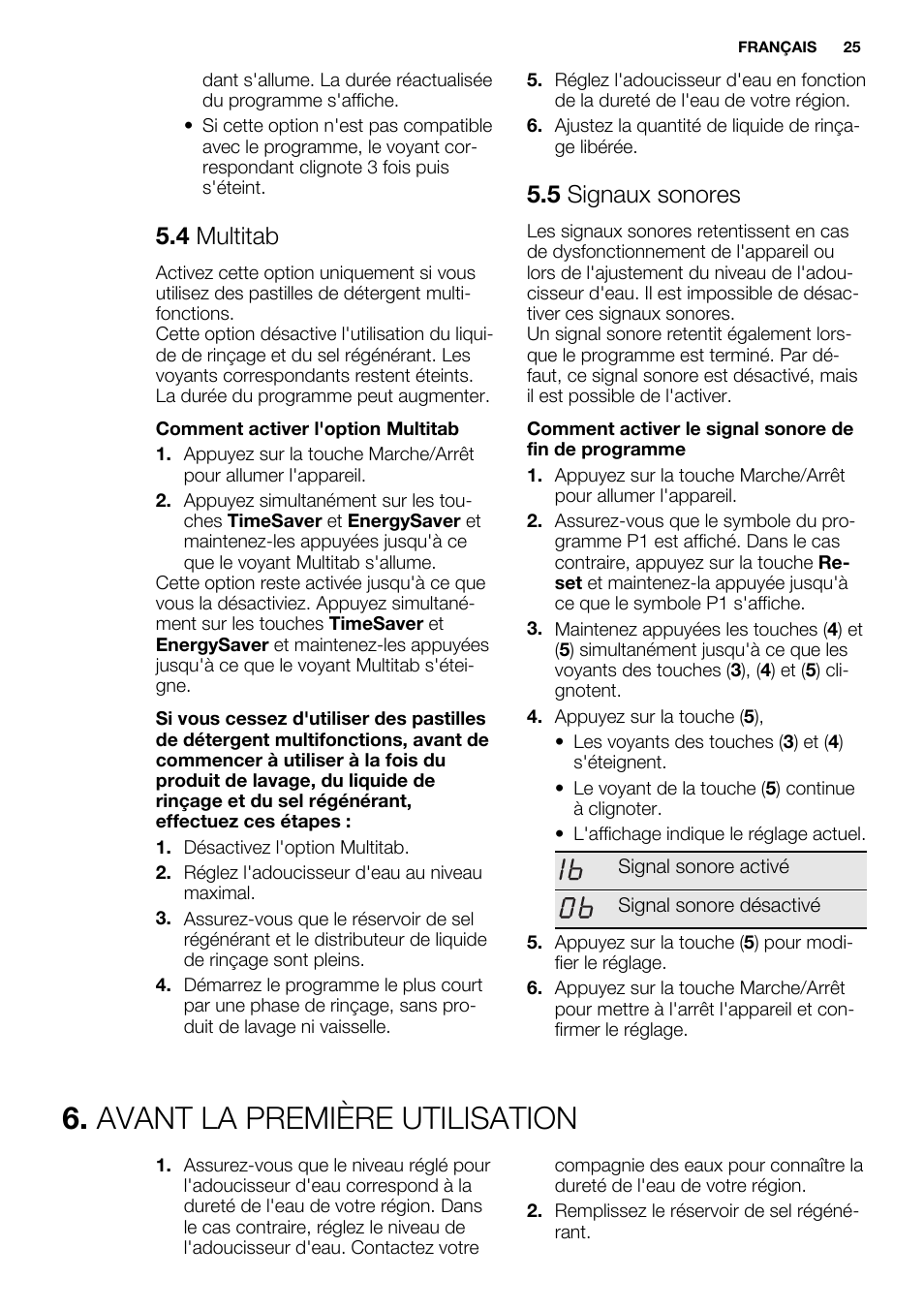 Avant la première utilisation, 4 multitab, 5 signaux sonores | Electrolux ESL6380RO User Manual | Page 25 / 68