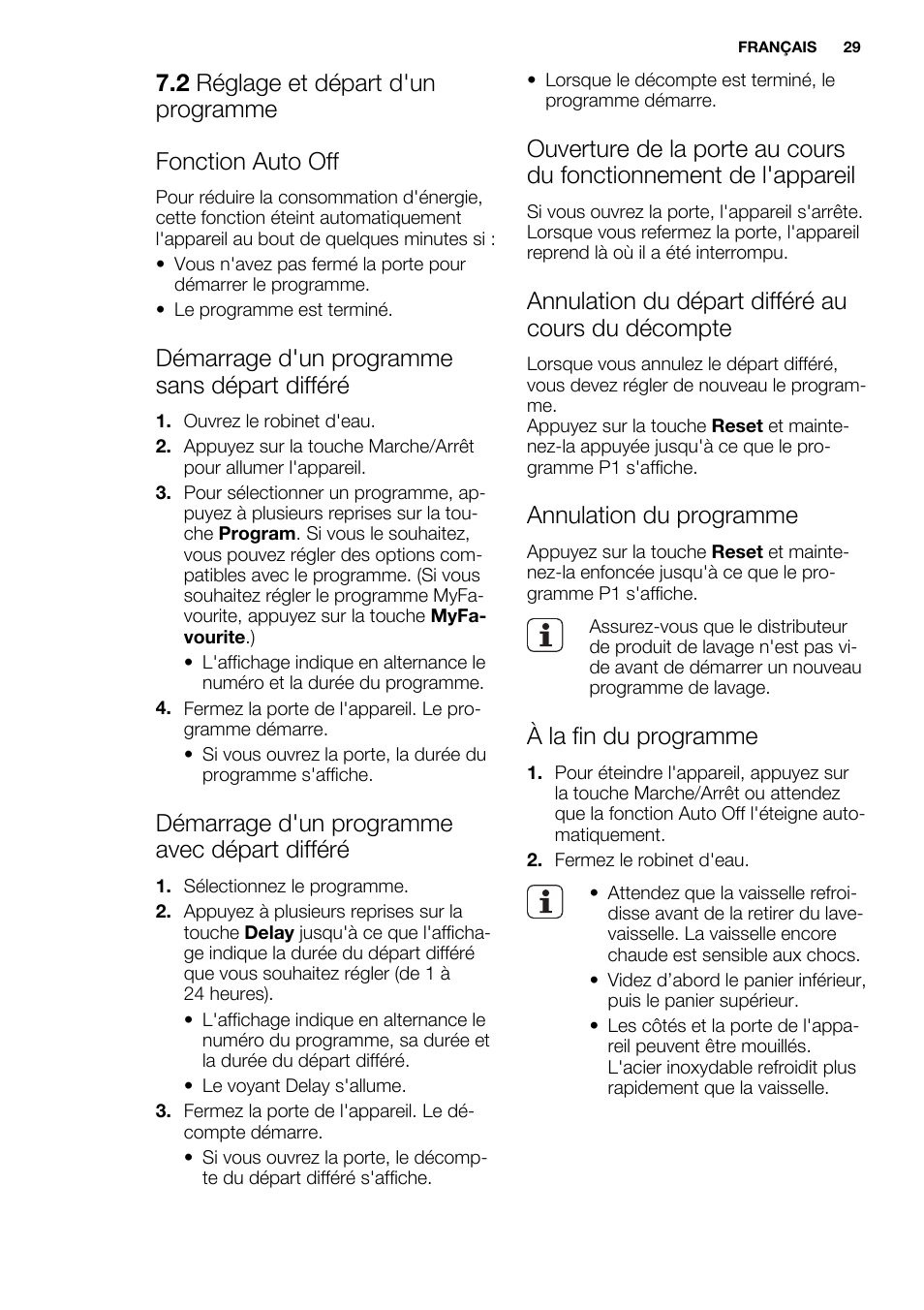 Démarrage d'un programme sans départ différé, Démarrage d'un programme avec départ différé, Annulation du départ différé au cours du décompte | Annulation du programme, À la fin du programme | Electrolux ESL6380RO User Manual | Page 29 / 68