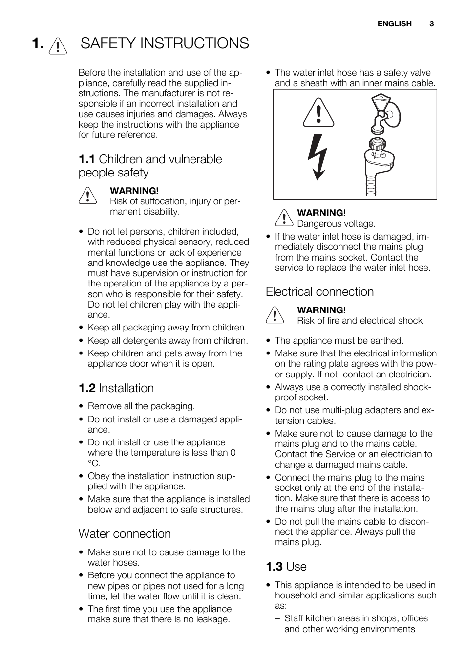 Safety instructions, 1 children and vulnerable people safety, 2 installation | Water connection, Electrical connection, 3 use | Electrolux ESL6380RO User Manual | Page 3 / 68