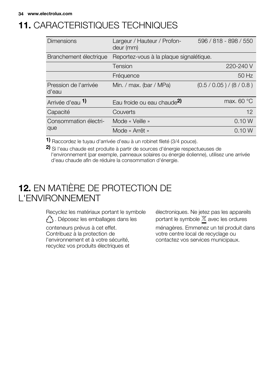 Caracteristiques techniques, En matière de protection de l'environnement | Electrolux ESL6380RO User Manual | Page 34 / 68