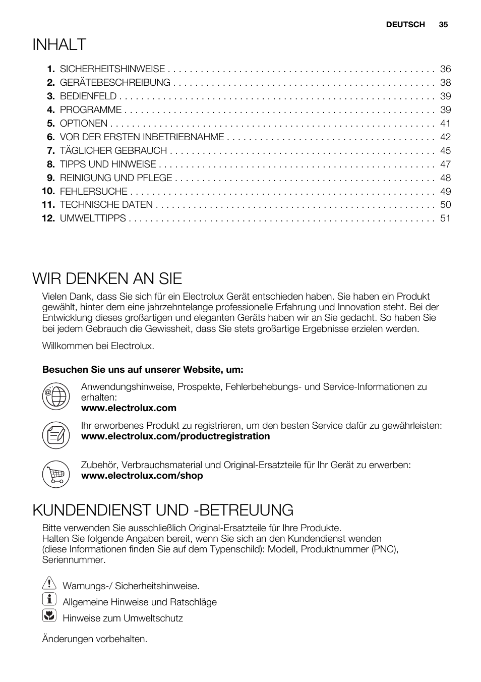 Inhalt, Wir denken an sie, Kundendienst und -betreuung | Electrolux ESL6380RO User Manual | Page 35 / 68