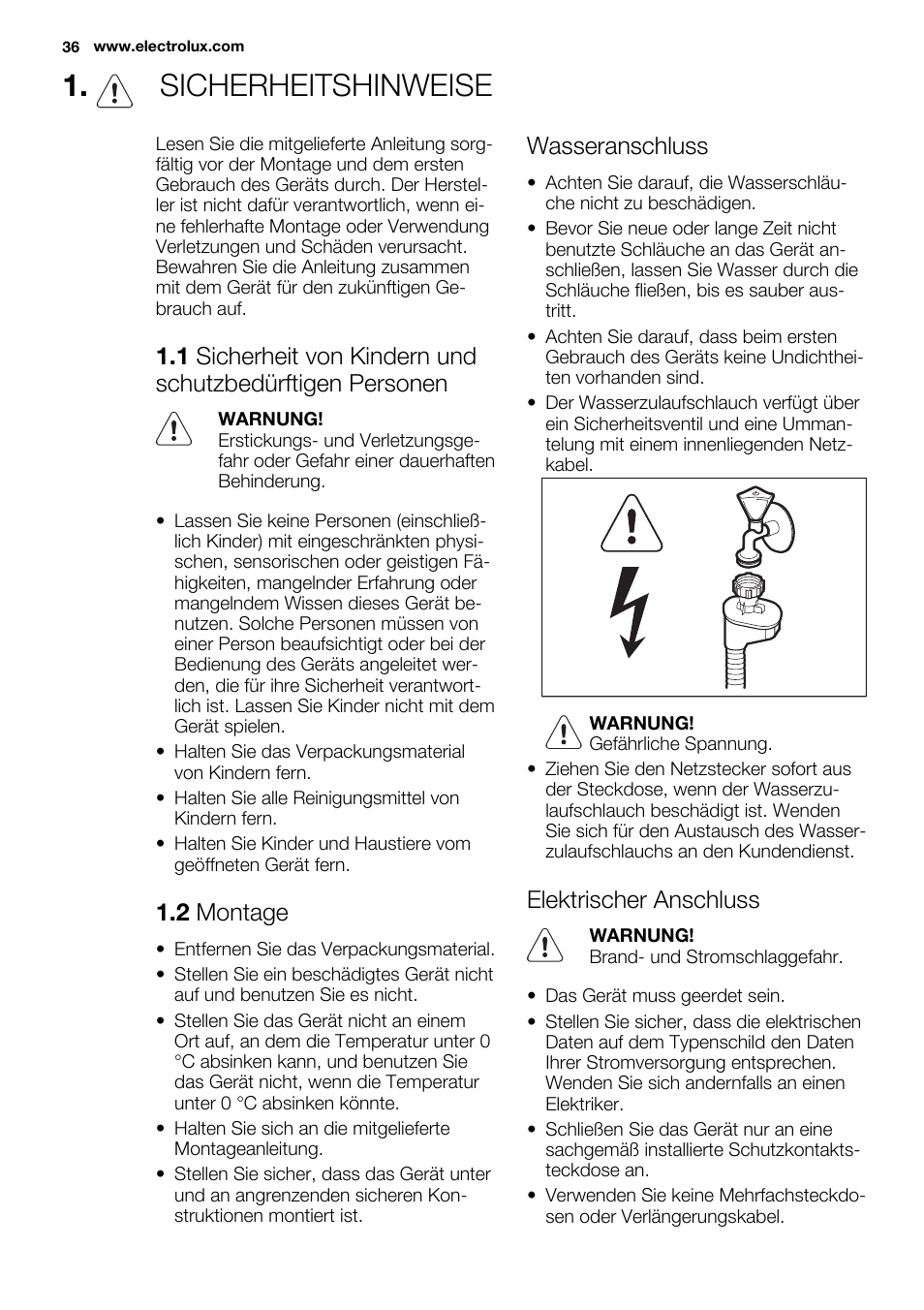 Sicherheitshinweise, 2 montage, Wasseranschluss | Elektrischer anschluss | Electrolux ESL6380RO User Manual | Page 36 / 68