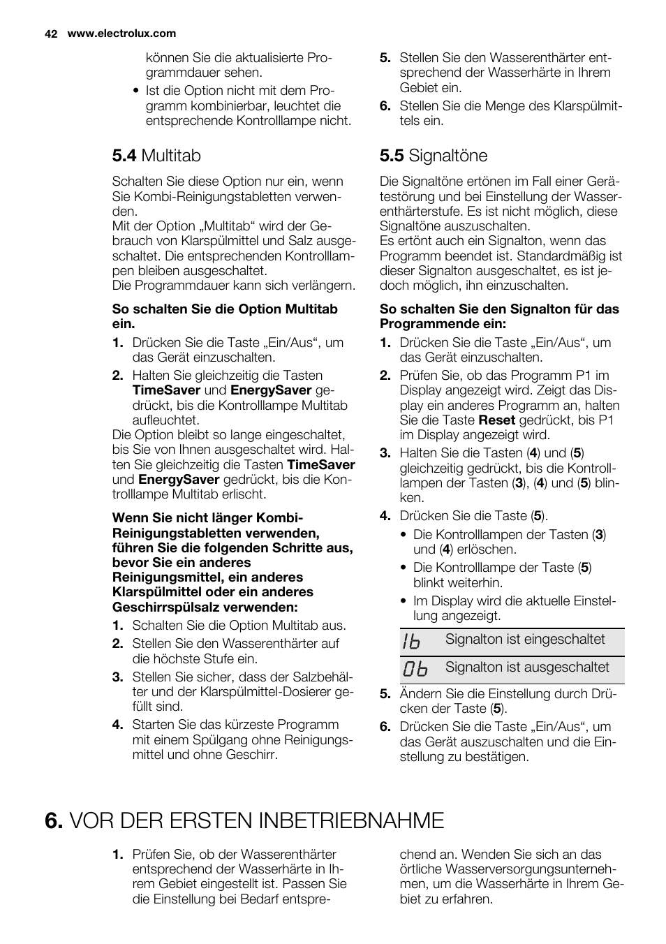 Vor der ersten inbetriebnahme, 4 multitab, 5 signaltöne | Electrolux ESL6380RO User Manual | Page 42 / 68