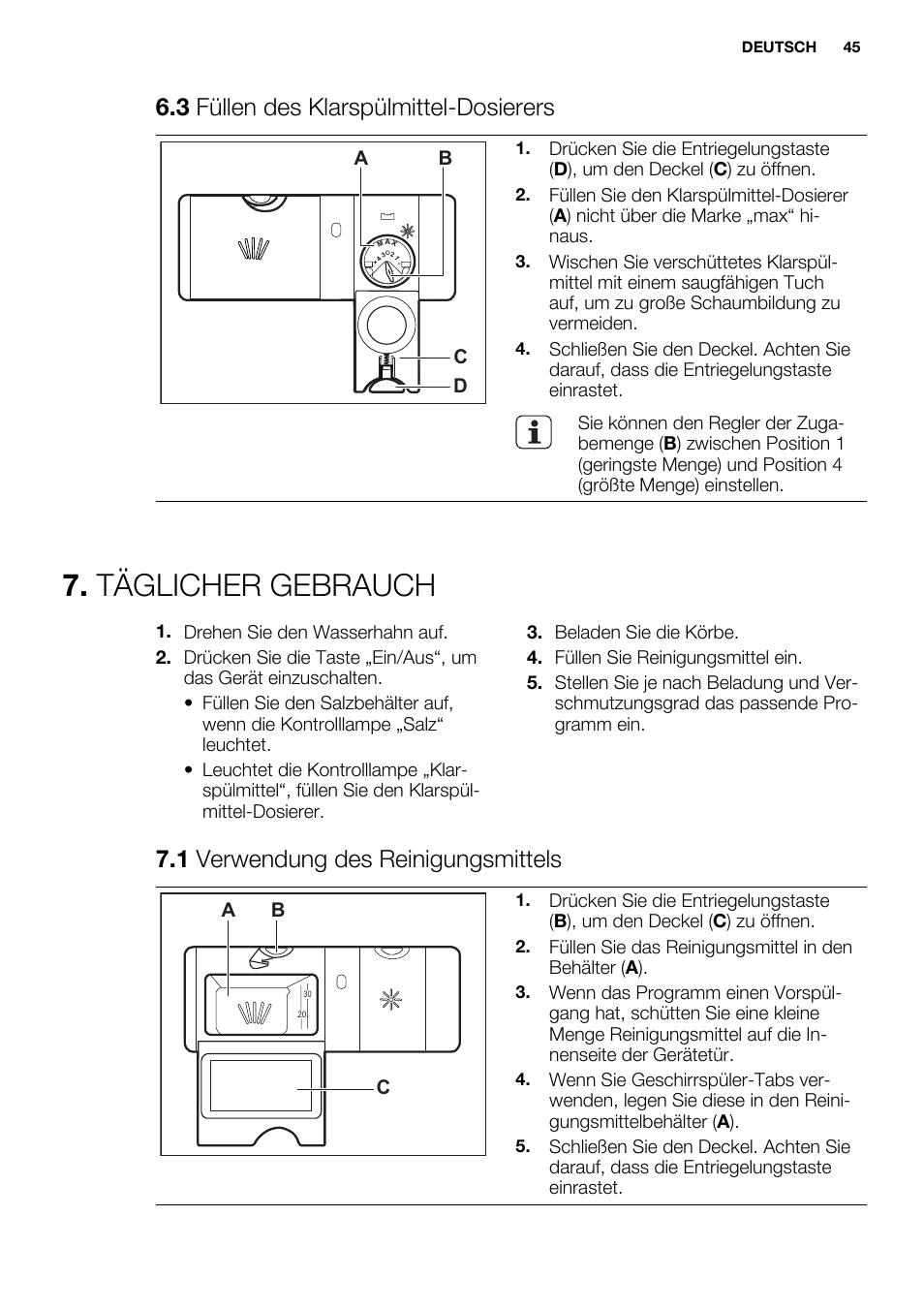 Täglicher gebrauch, 3 füllen des klarspülmittel-dosierers, 1 verwendung des reinigungsmittels | Ab d c, Ab c | Electrolux ESL6380RO User Manual | Page 45 / 68