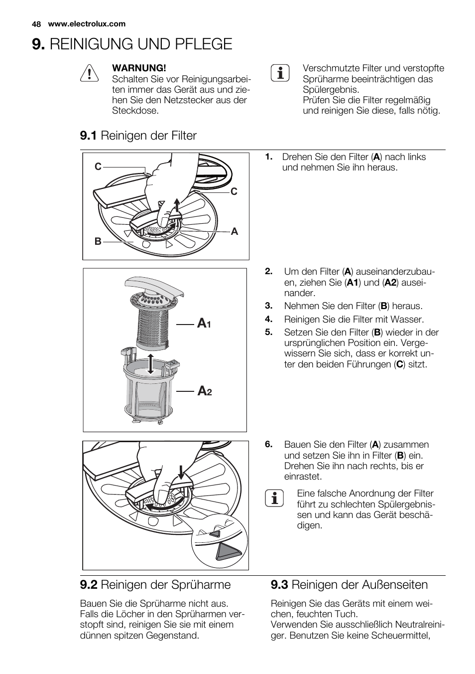 Reinigung und pflege, 1 reinigen der filter, 2 reinigen der sprüharme | 3 reinigen der außenseiten | Electrolux ESL6380RO User Manual | Page 48 / 68