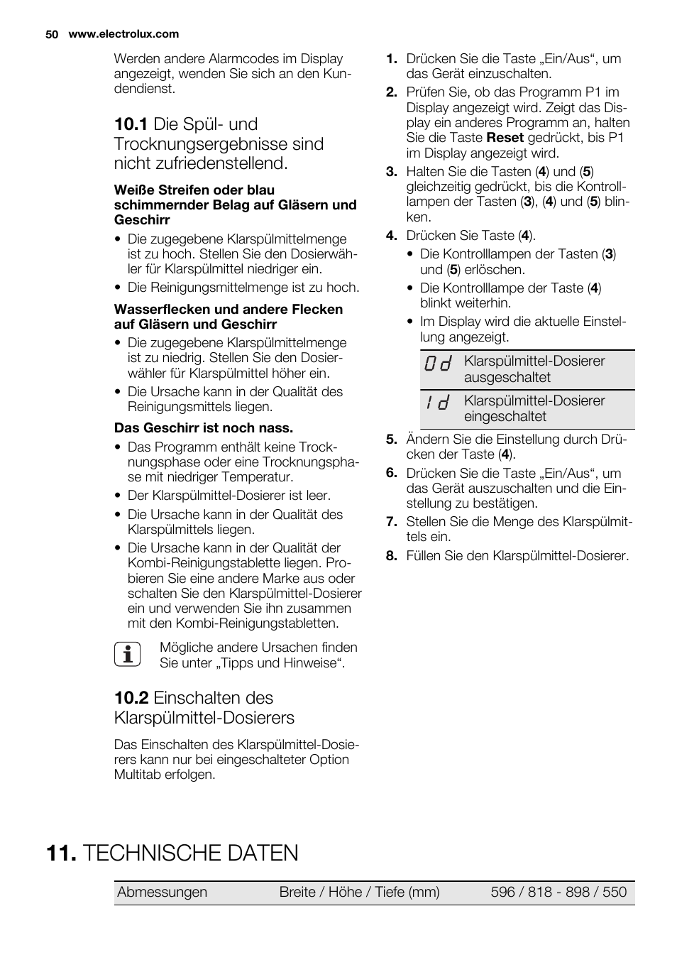 Technische daten, 2 einschalten des klarspülmittel-dosierers | Electrolux ESL6380RO User Manual | Page 50 / 68