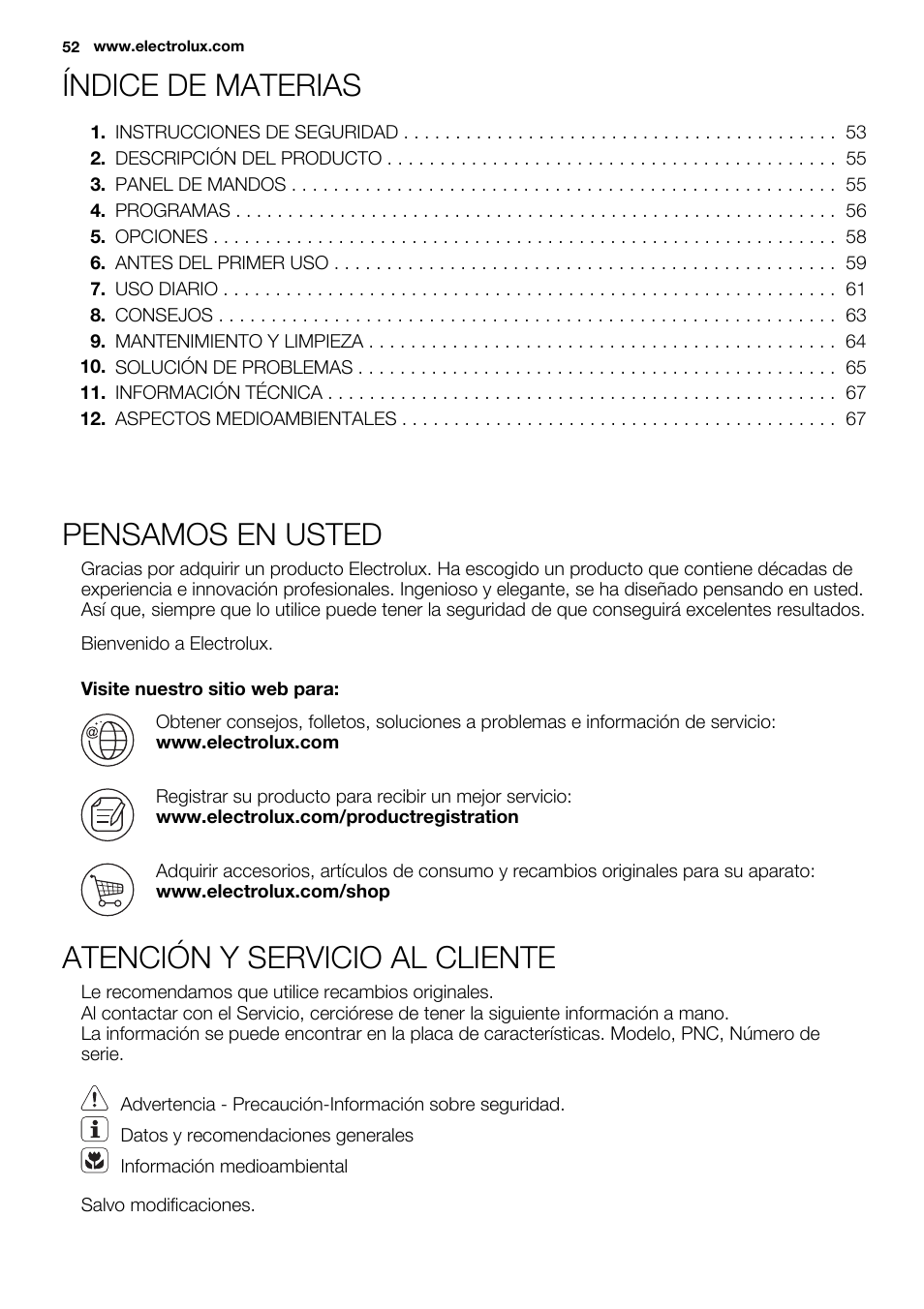 Índice de materias, Pensamos en usted, Atención y servicio al cliente | Electrolux ESL6380RO User Manual | Page 52 / 68