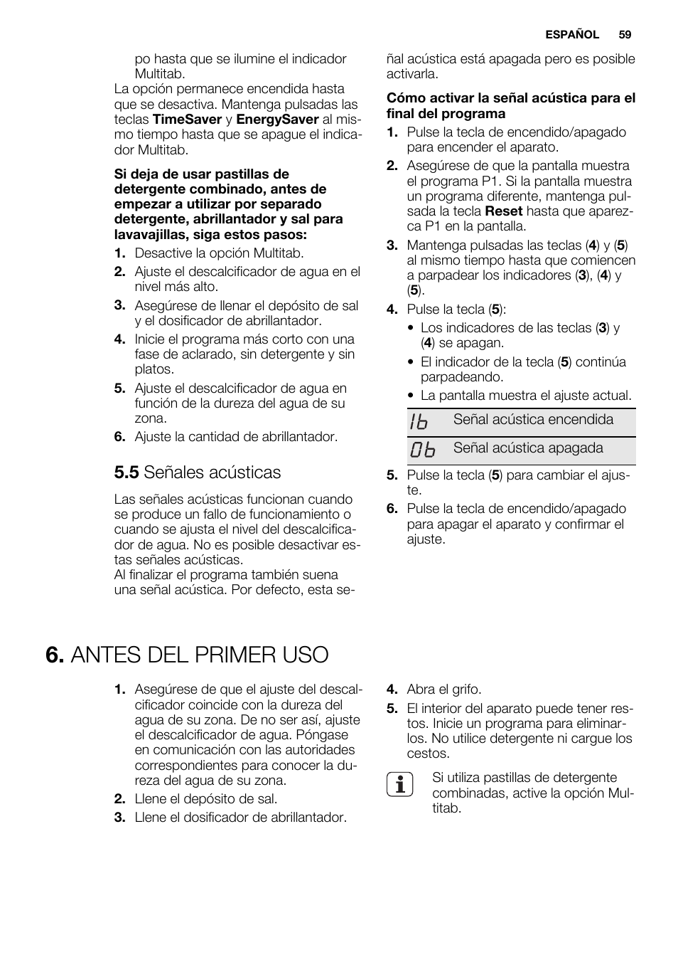 Antes del primer uso, 5 señales acústicas | Electrolux ESL6380RO User Manual | Page 59 / 68