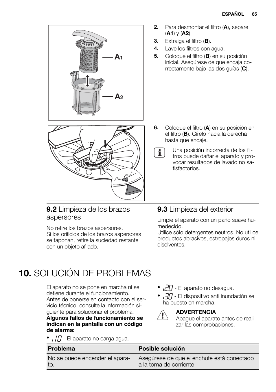 Solución de problemas, 2 limpieza de los brazos aspersores, 3 limpieza del exterior | Electrolux ESL6380RO User Manual | Page 65 / 68