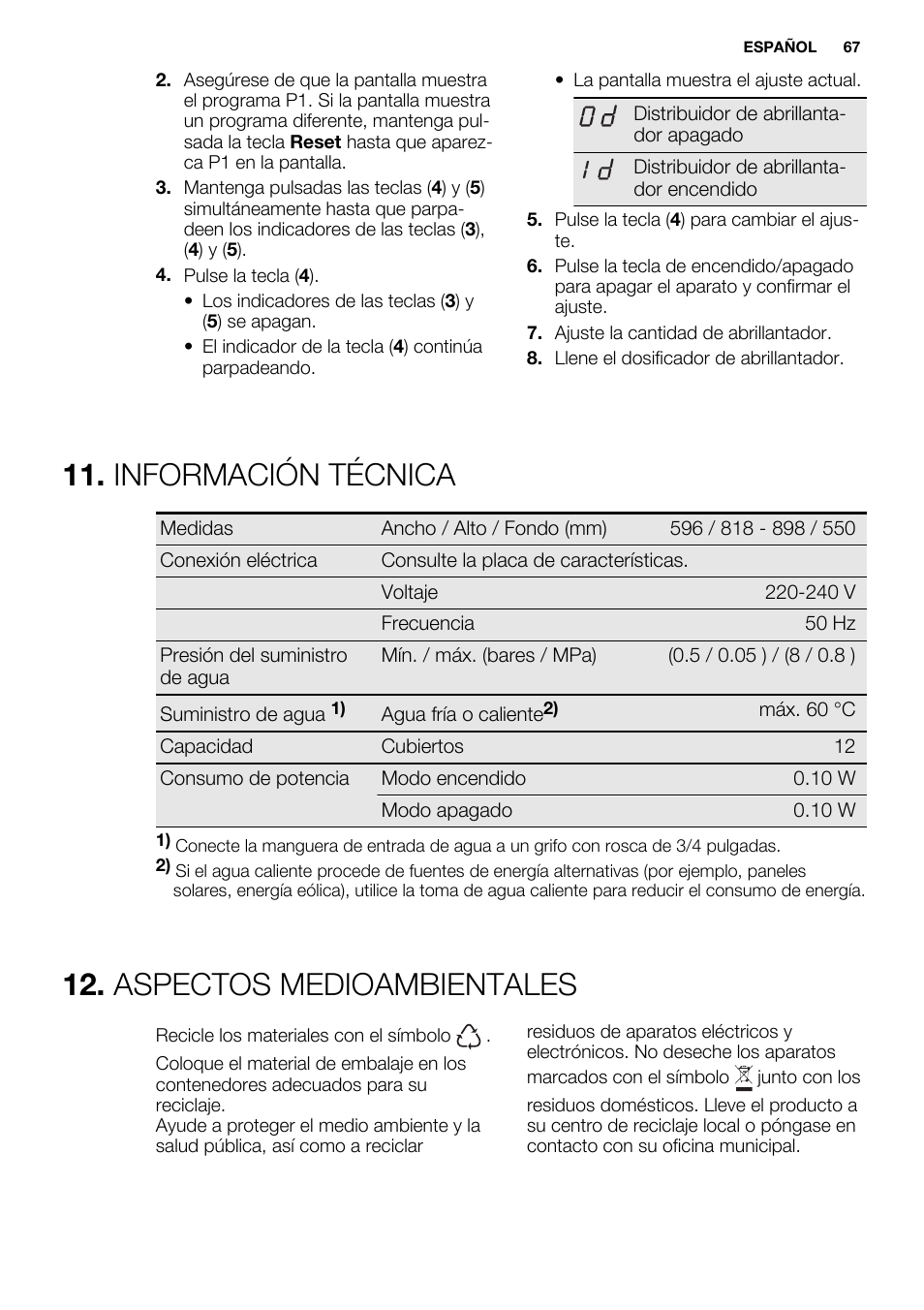 Información técnica, Aspectos medioambientales | Electrolux ESL6380RO User Manual | Page 67 / 68
