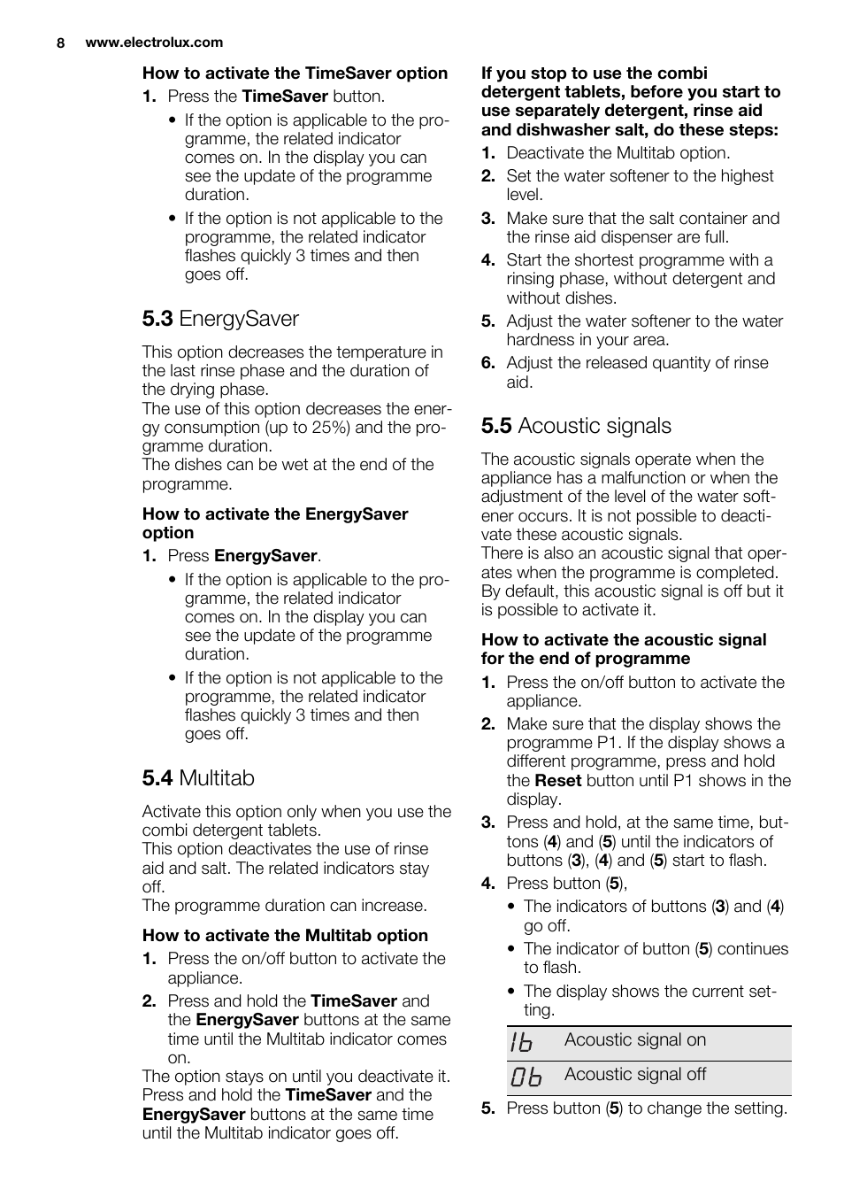 3 energysaver, 4 multitab, 5 acoustic signals | Electrolux ESL6380RO User Manual | Page 8 / 68