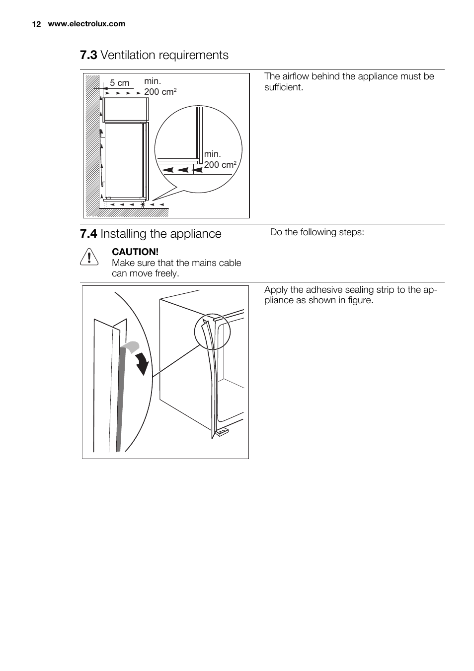 3 ventilation requirements, 4 installing the appliance | Electrolux EUX2243AOX User Manual | Page 12 / 80