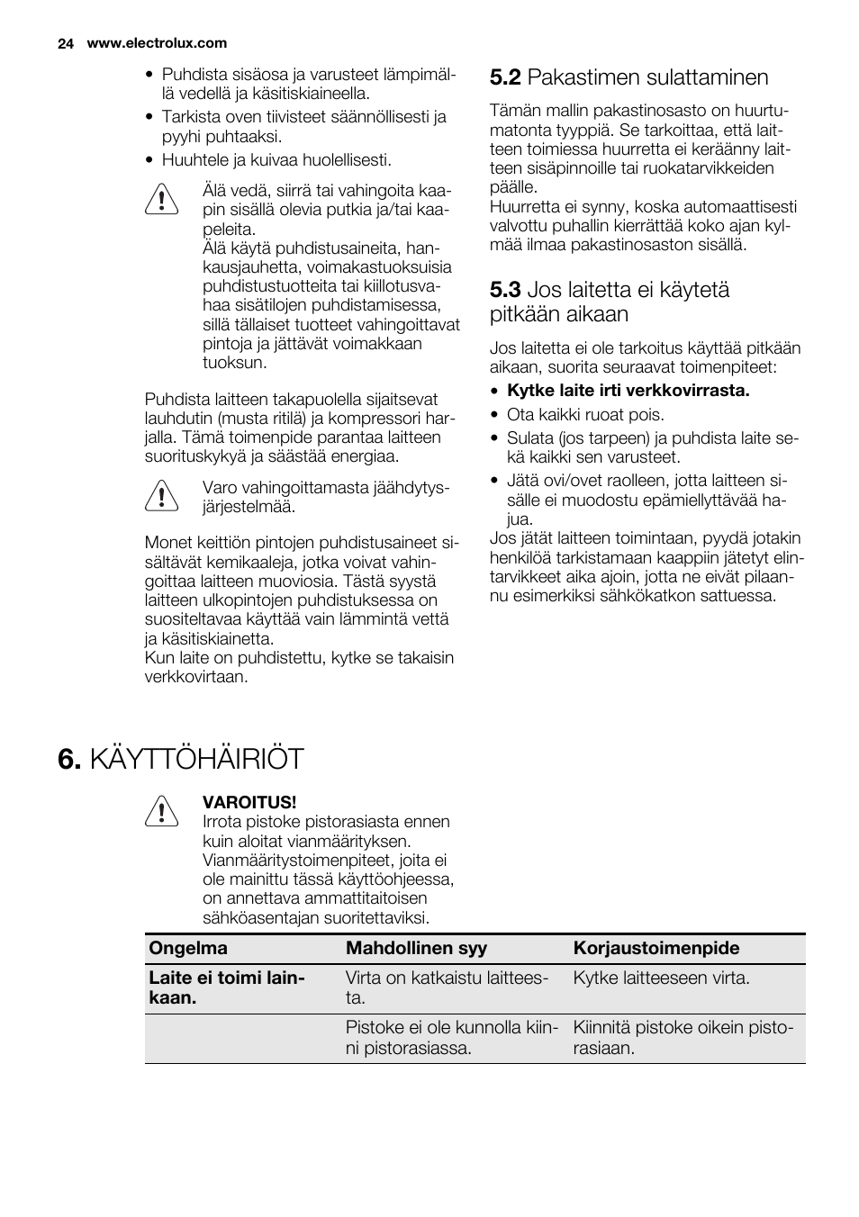 Käyttöhäiriöt, 2 pakastimen sulattaminen, 3 jos laitetta ei käytetä pitkään aikaan | Electrolux EUX2243AOX User Manual | Page 24 / 80