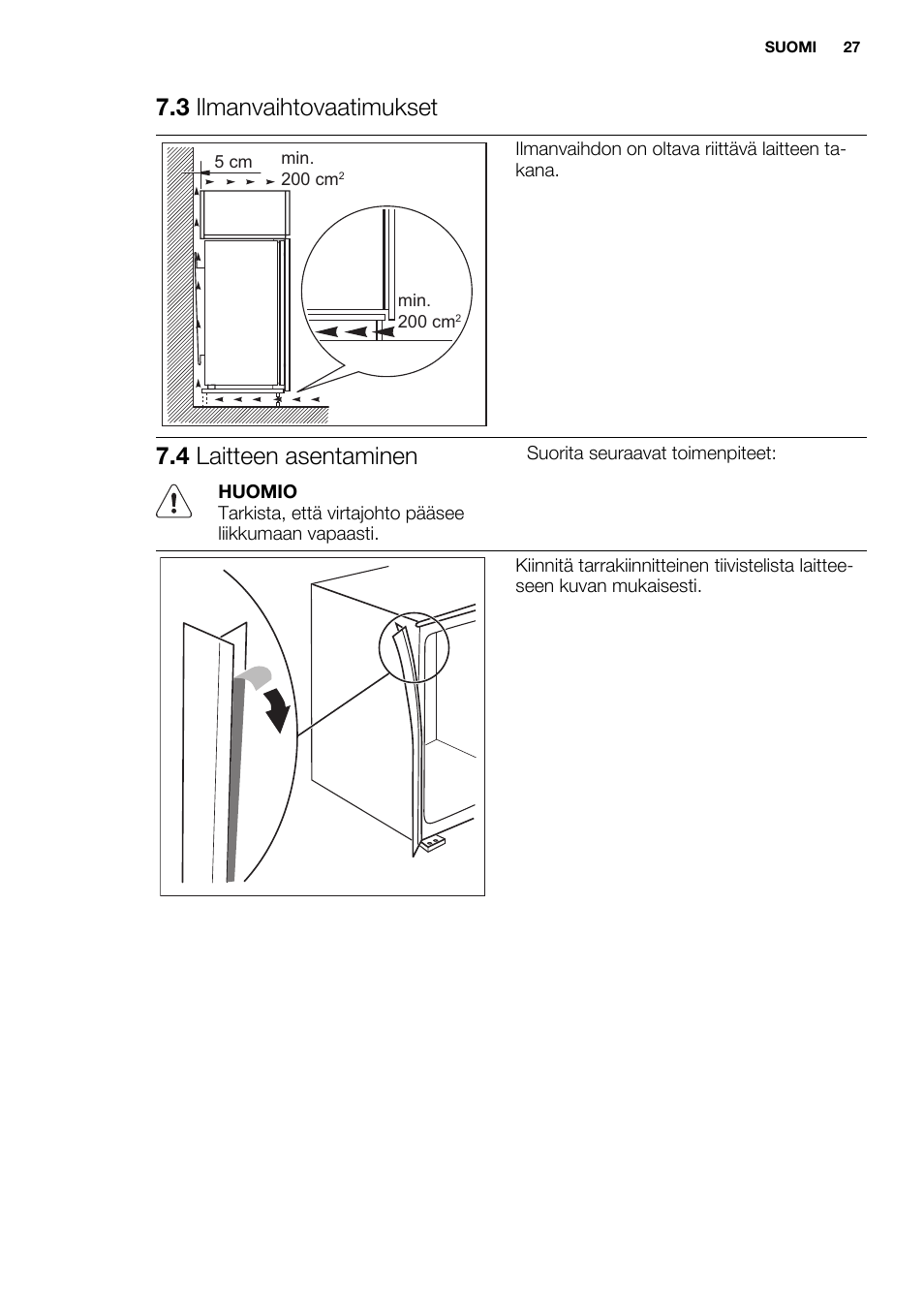 3 ilmanvaihtovaatimukset, 4 laitteen asentaminen | Electrolux EUX2243AOX User Manual | Page 27 / 80