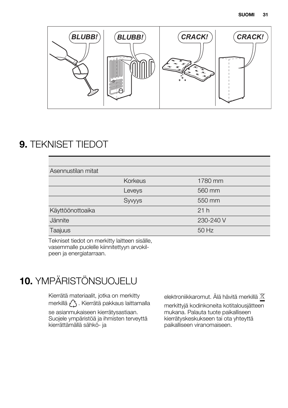 Tekniset tiedot, Ympäristönsuojelu | Electrolux EUX2243AOX User Manual | Page 31 / 80