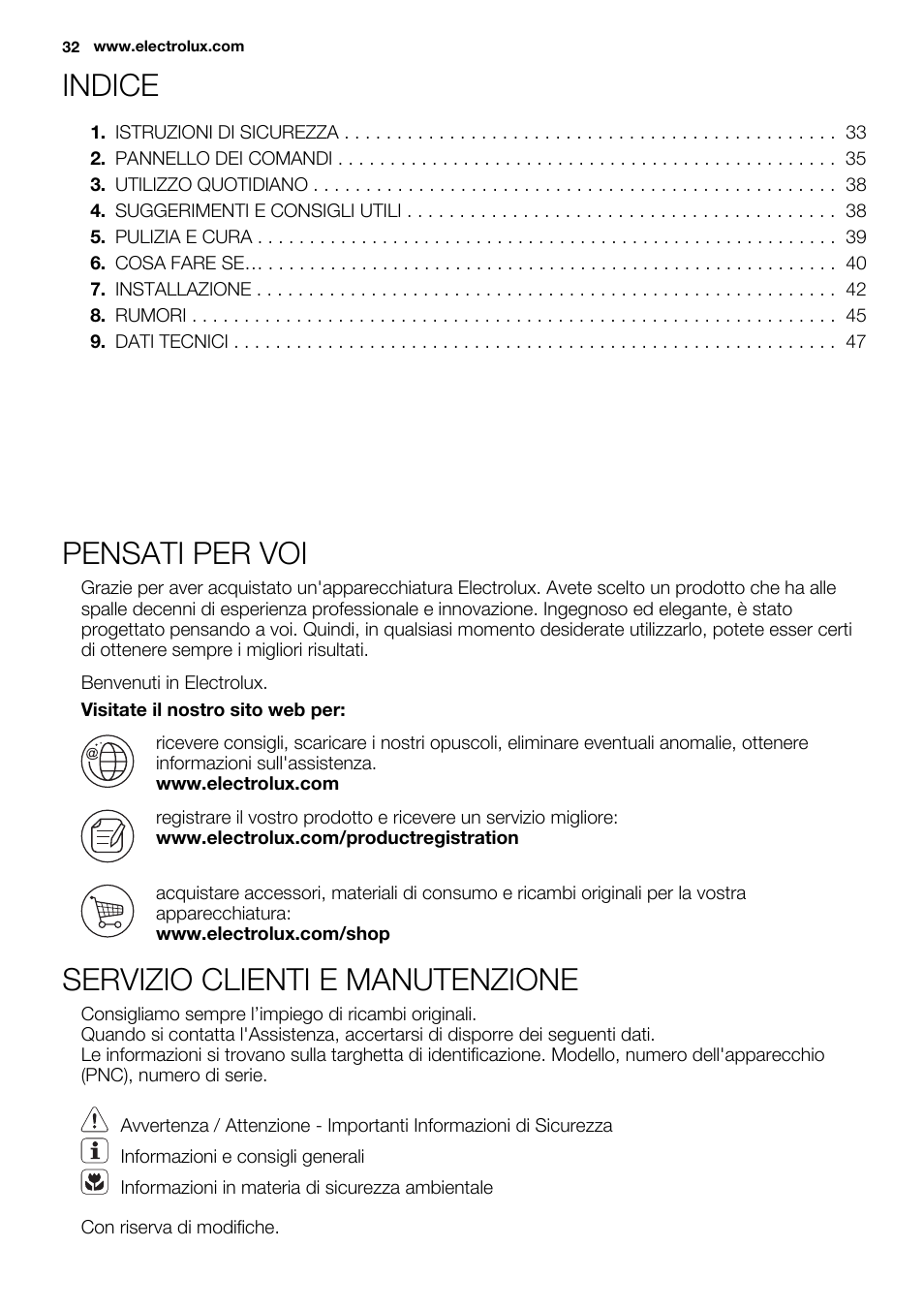 Indice, Pensati per voi, Servizio clienti e manutenzione | Electrolux EUX2243AOX User Manual | Page 32 / 80