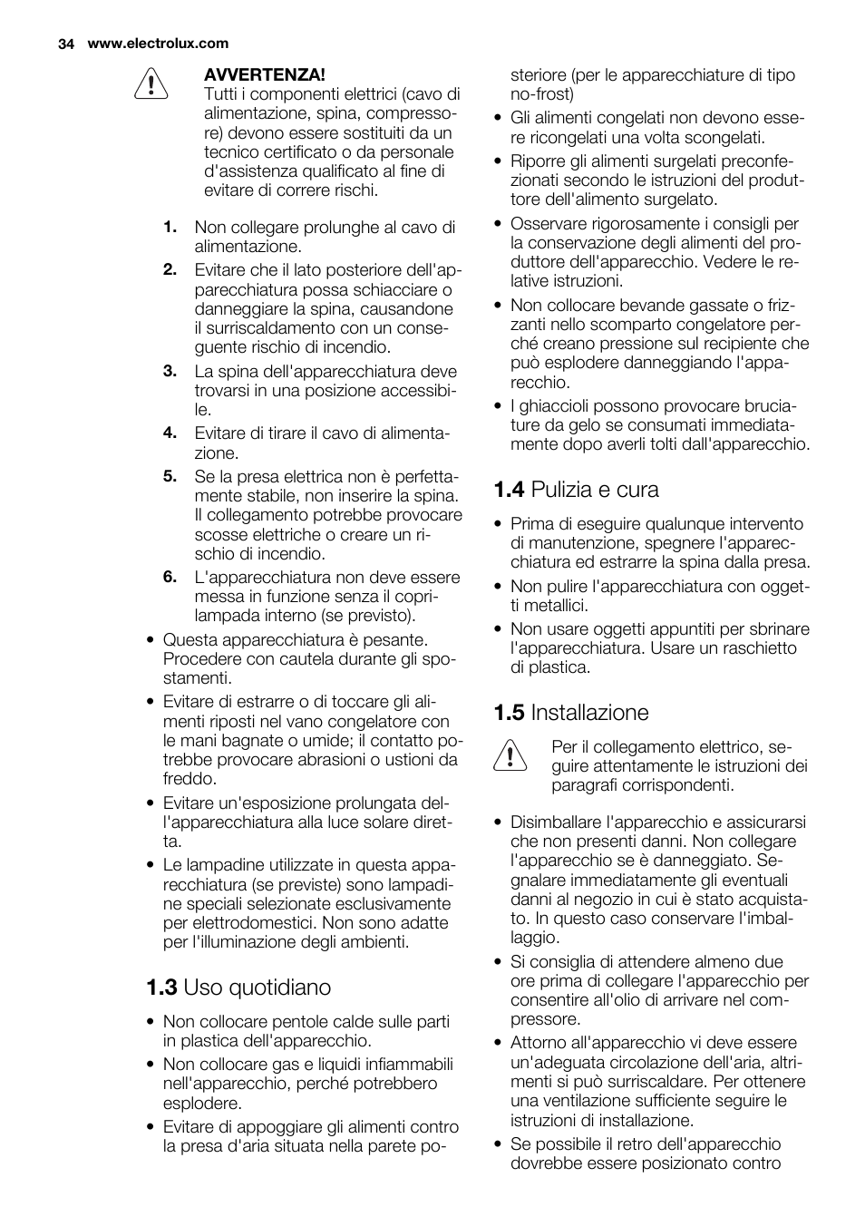 3 uso quotidiano, 4 pulizia e cura, 5 installazione | Electrolux EUX2243AOX User Manual | Page 34 / 80