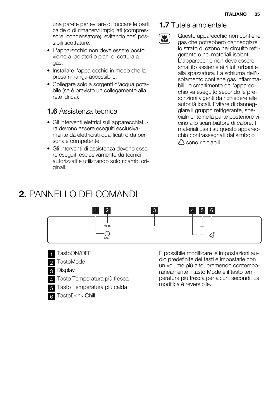 Pannello dei comandi, 6 assistenza tecnica, 7 tutela ambientale | Electrolux EUX2243AOX User Manual | Page 35 / 80